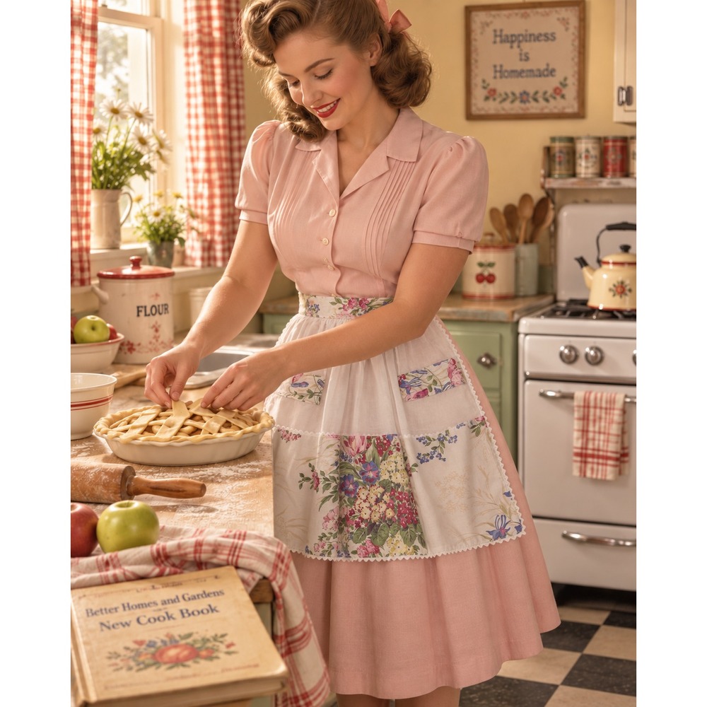 1940-1950s  apron cotton and sheer handmade